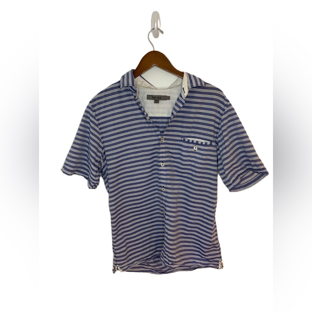 Reiss Men’s Shirt Size Large Short Sleeve Button Up Striped Cotton Blue White